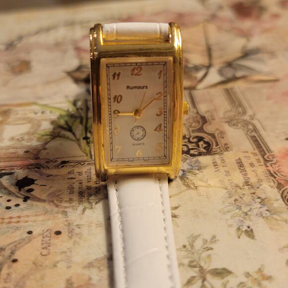 Rumours Gold-Tone Rectangular Quartz Watch White Strap, Vintage Style - Picture 3 of 10